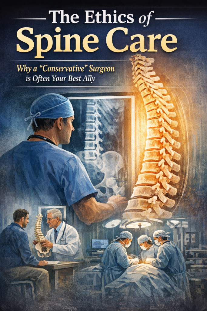 generate image for The Ethics of Spine Care: Why a “Conservative” Surgeon is Often Your Best Ally